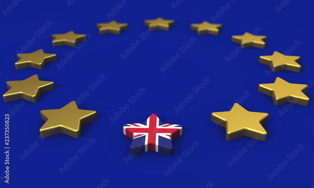 Brexit concept. European union yellow stars with great britain union jack flag. 3D Rendering Brexit concept. European union yellow stars with great britain union jack flag. 3D Rendering