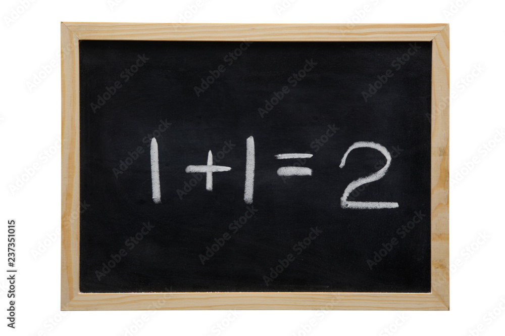 WOODEN FRAMED BLACK BOARD WITH THE SUM ONE PLUS ONE EQUALS TWO WRITTEN WITH WHITE CHALK WOODEN FRAMED BLACK BOARD WITH THE SUM ONE PLUS ONE EQUALS TWO WRITTEN WITH WHITE CHALK