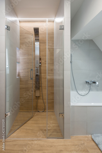 Shower and bath tub in modern bathroom
