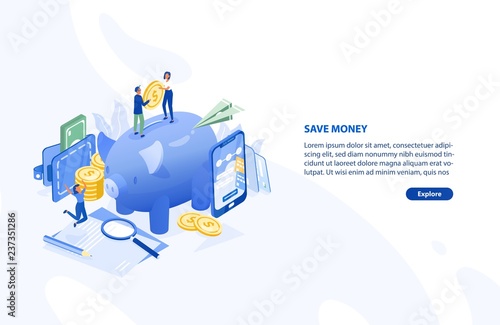 Web page or banner template with pair of people standing on giant piggy bank ...