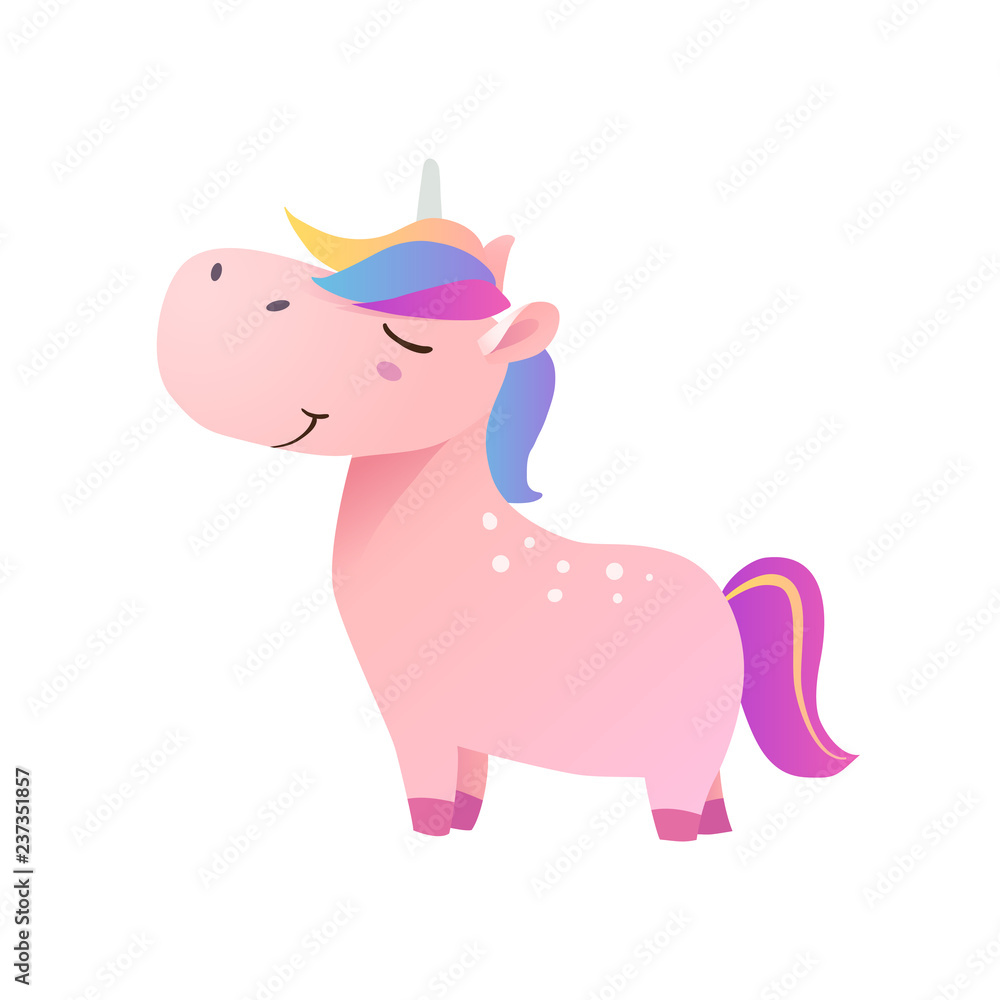 Fototapeta premium Pink funny smiling unicorn. Vector illustration.