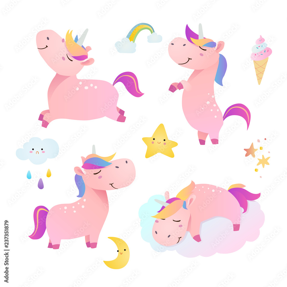 Fototapeta premium Set of funny smiling unicorns. Vector illustration.