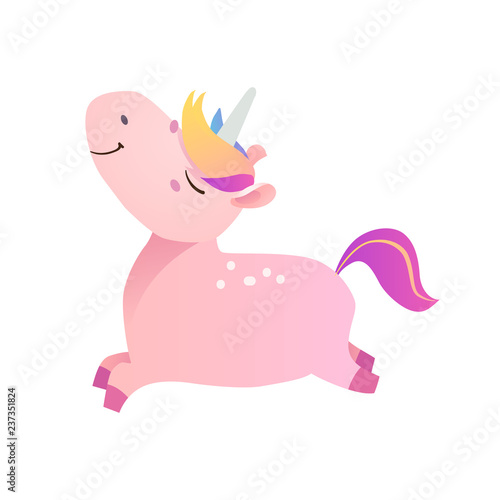 Pink funny smiling unicorn. Vector illustration.