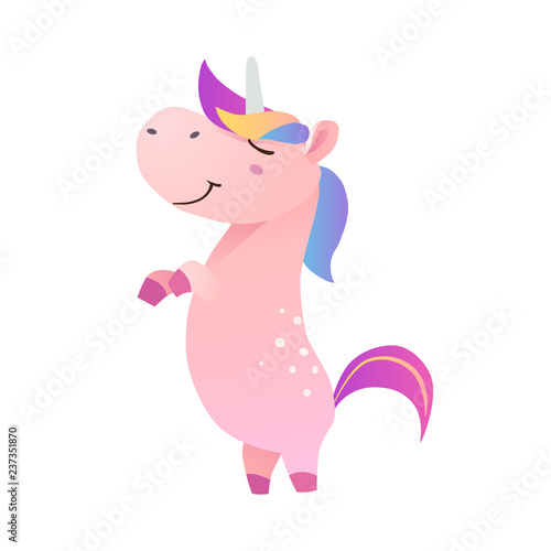 Pink funny smiling unicorn. Vector illustration.