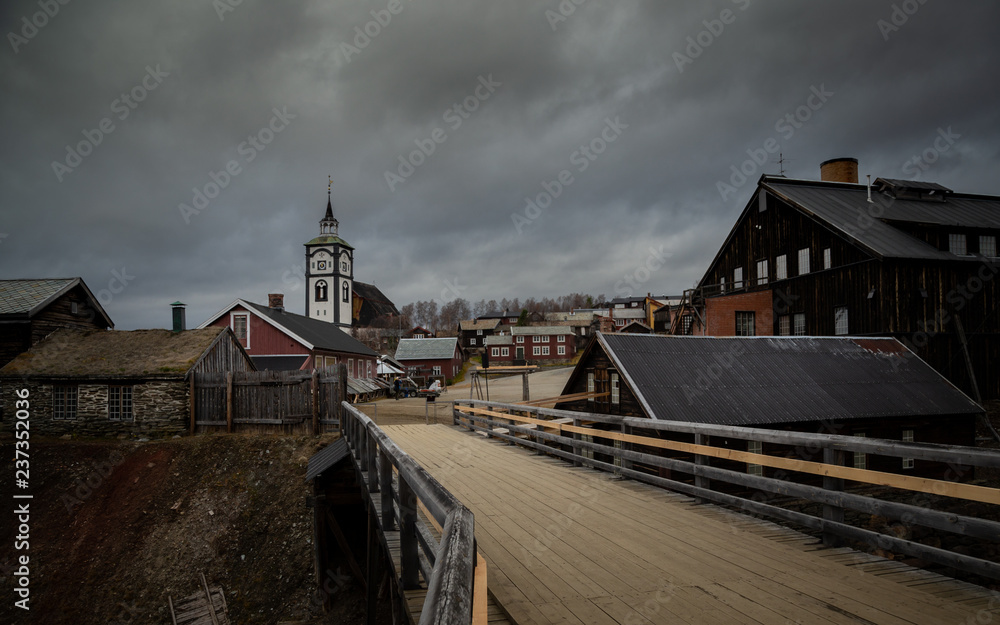 View on Roros church. Norwegian original architecture. Mining town.