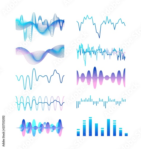 Collection of different gradient colored sound waves, audio or acoustic electronic signals isolated on white background. Bundle of music record or track visualizations. Colorful vector illustration.