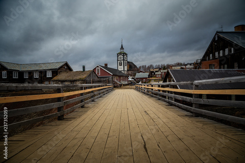 View on Roros church. Norwegian original architecture. Mining town.