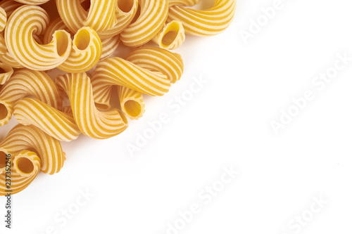 raw pasta cavatappi isolated on white background.