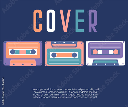 Retro party 80 s banner  cover or invitation card with cassete tape. Old style vector poster