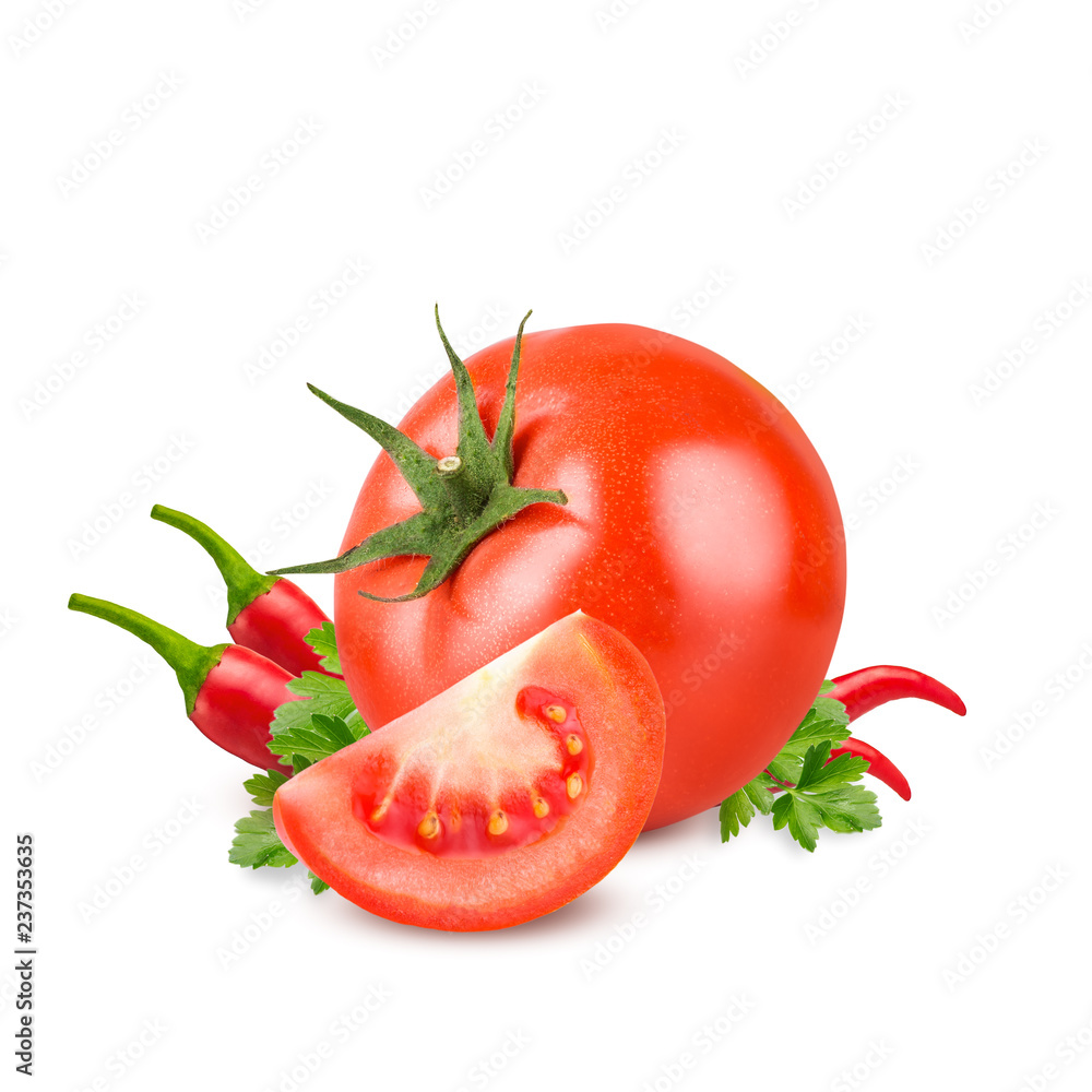 Tomatoes and red hot chili pepper isolated on white background. Tomatoes and red hot chili pepper isolated on white background.