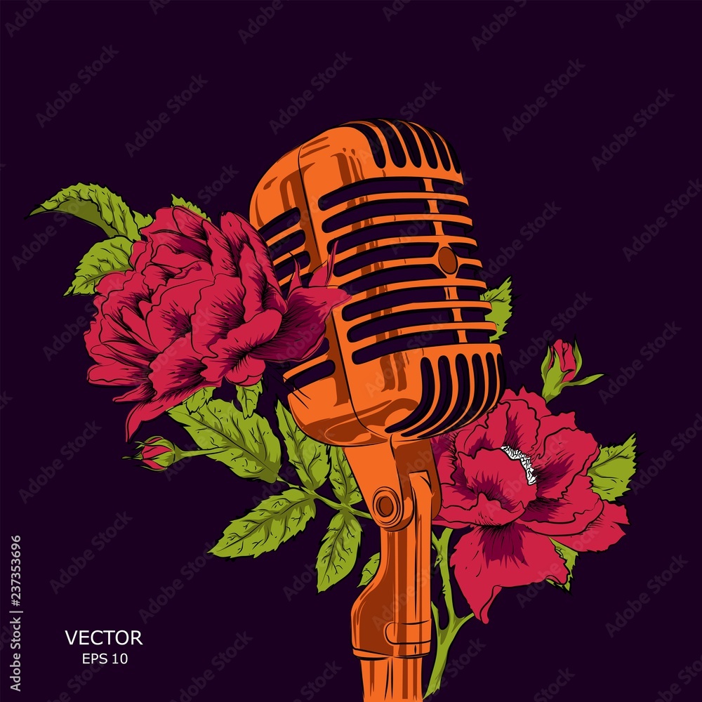 The image of the microphone with flowers. Floral print for clothes. Floral  print design with lettering. Greeting card. Vector illustration. Stock  Vector | Adobe Stock