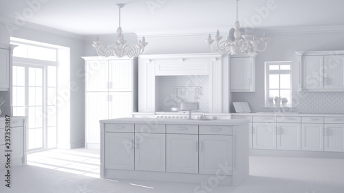Total white project of classic vintage luxury kitchen, island with two big chandeliers pendant lamps and big window, contemporary architecture interior design