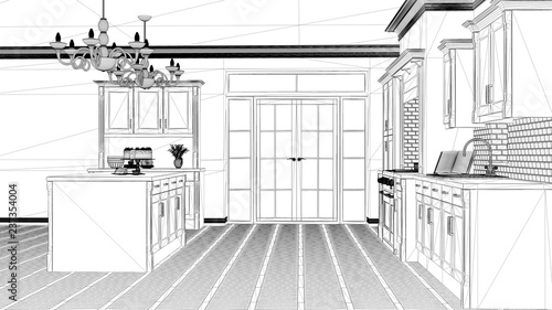 Interior design project, black and white ink sketch, architecture blueprint showing classic vintage luxury kitchen, island with big chandeliers and window, contemporary architecture