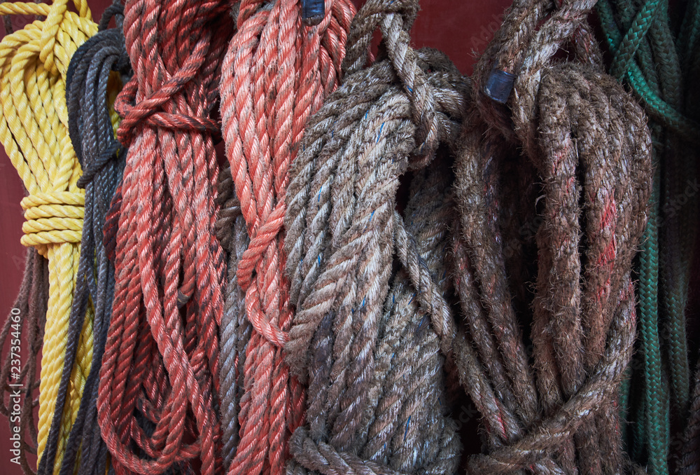 Plenty of different lines and ropes tied up on a bulkhead.