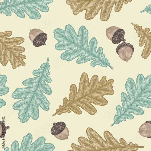 Engraving seamless pattern of Oak Leaf and Acorn.