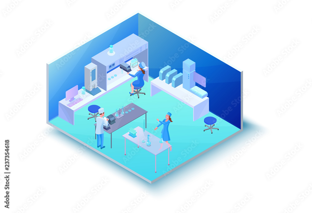 Isometric laboratory room with equipment, 3d machines, scientists doing experiment and research, modern chemical lab vector illustration