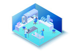 Isometric laboratory room with equipment, 3d machines, scientists doing experiment and research, modern chemical lab vector illustration