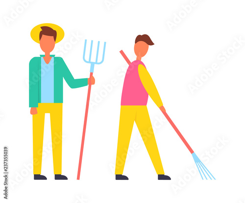 farmer with Hayfork and Rake Vector Illustration