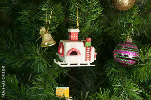 Wooden toy Russian stove on the Christmas tree