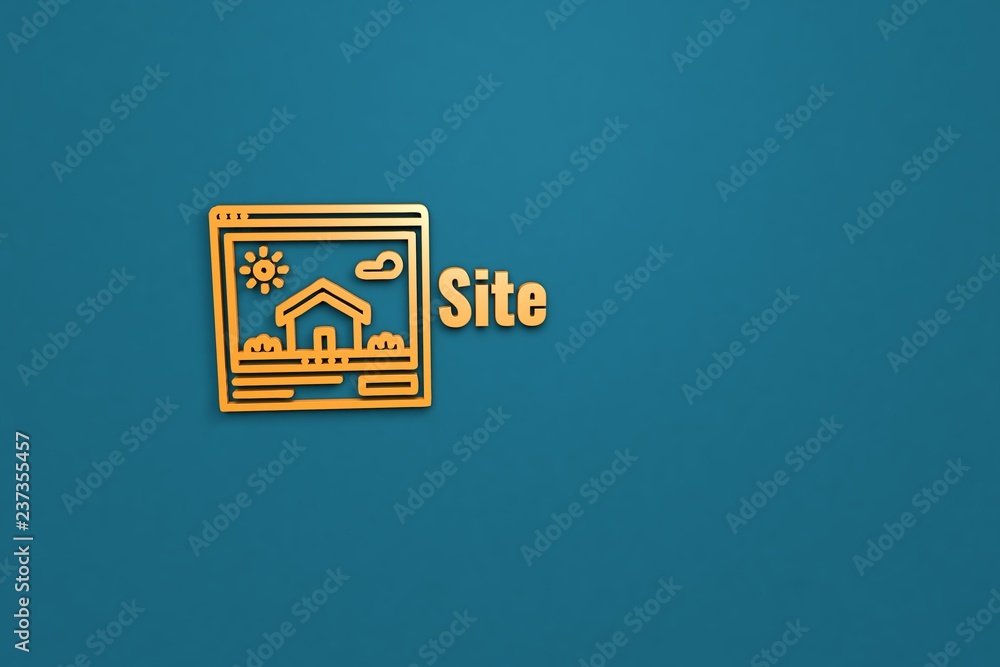 Text Site with orange 3D illustration and blue background Text Site with orange 3D illustration and blue background