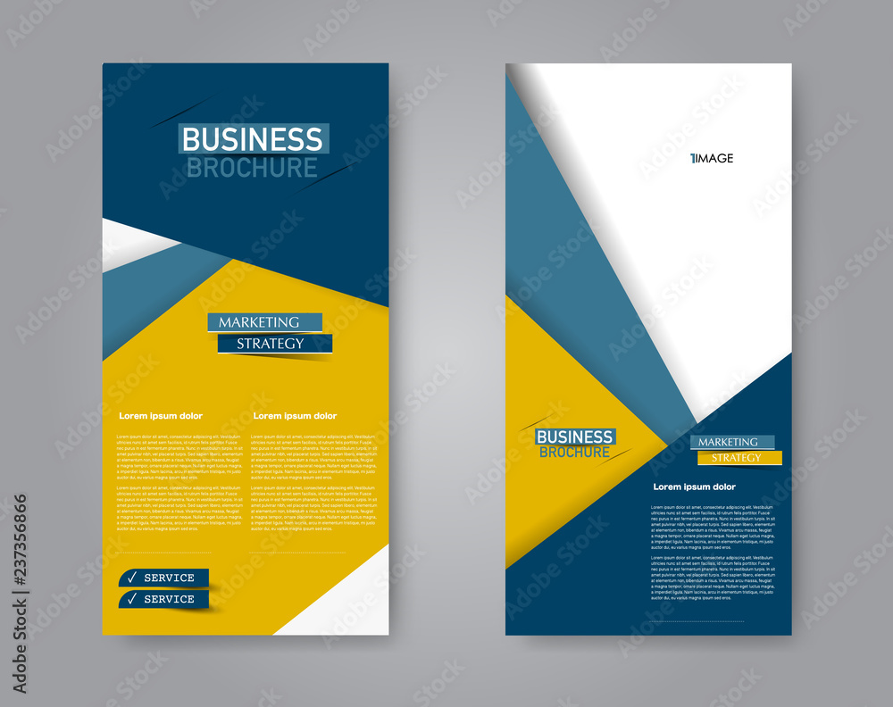 Narrow flyer and leaflet design. Set of two side brochure templates. Vertical banners. Blue and orange color. Vector illustration mockup. Narrow flyer and leaflet design. Set of two side brochure templates. Vertical banners. Blue and orange color. Vector illustration mockup.