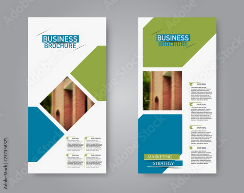 Narrow flyer and leaflet design. Set of two side brochure templates. Vertical banners. Blue and green color. Vector illustration mockup.