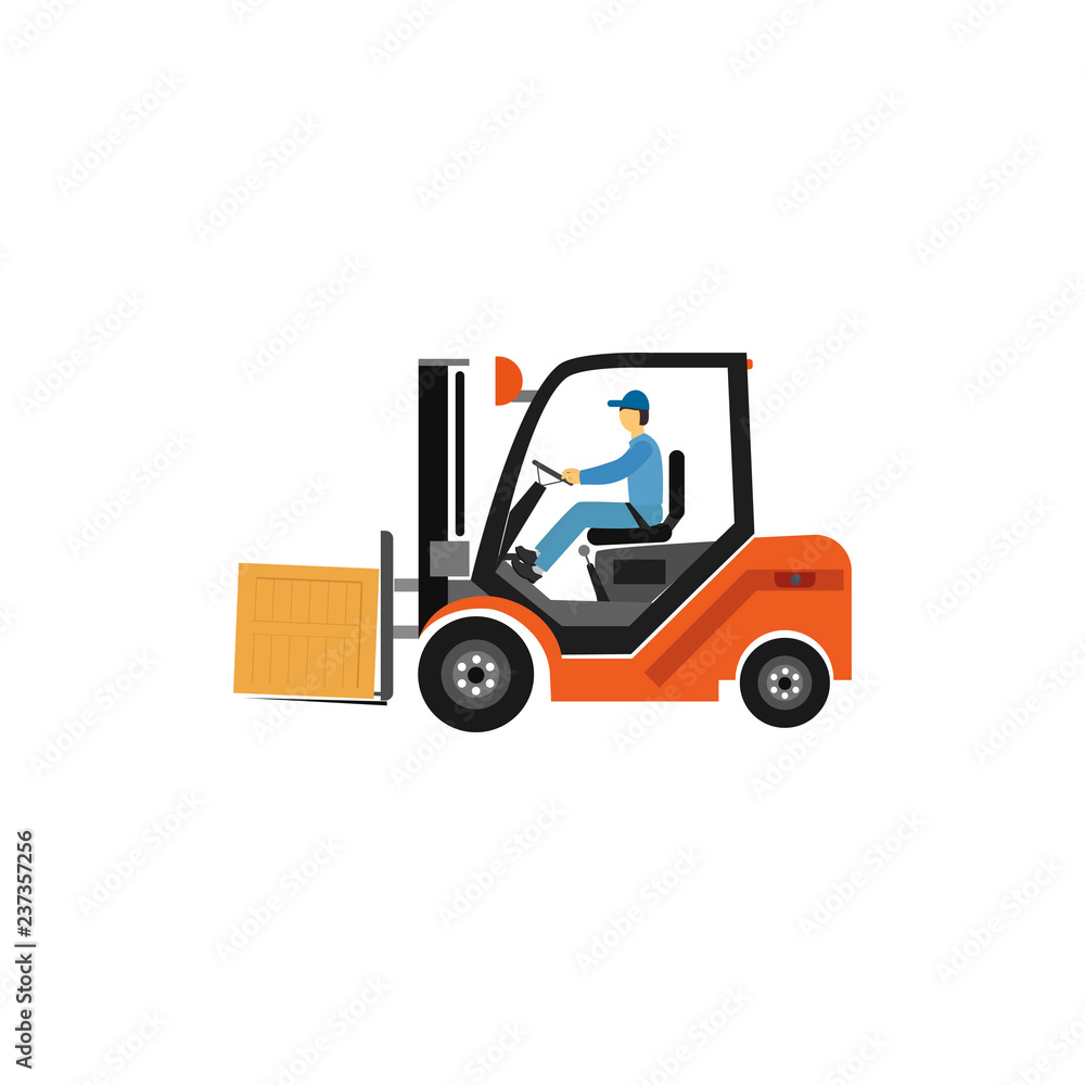 Forklift truck with man driving in the cabin. Vector illustration. Delivery concept cargo. Forklift truck with man driving in the cabin. Vector illustration. Delivery concept cargo.
