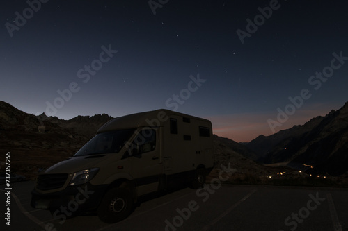 Mobile homes at night in the swiss alps