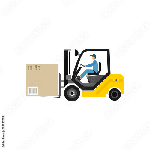 Vector illustration of forklift with box isolated white backround. Delivery concept cargo.
