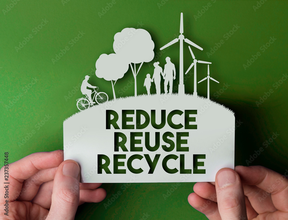 Reduce reuse recycle - green environmental paper background with wind ...