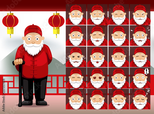 Chinese Old Man Cartoon Emotion faces Vector Illustration