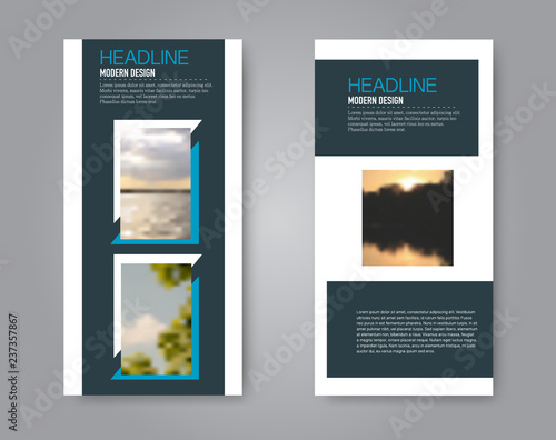 Narrow flyer and leaflet design. Set of two side brochure templates. Vertical banners. Blue colors. Vector illustration mockup.