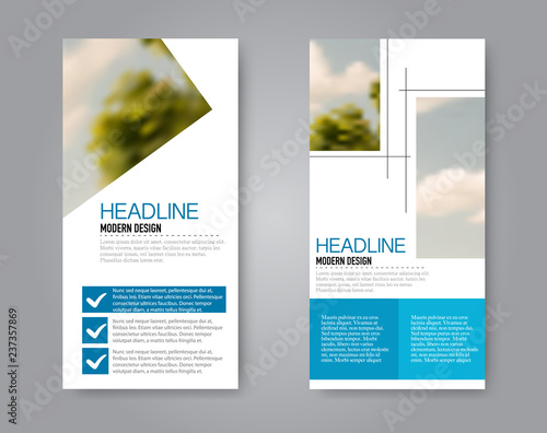 Narrow flyer and leaflet design. Set of two side brochure templates. Vertical banners. Blue colors. Vector illustration mockup.