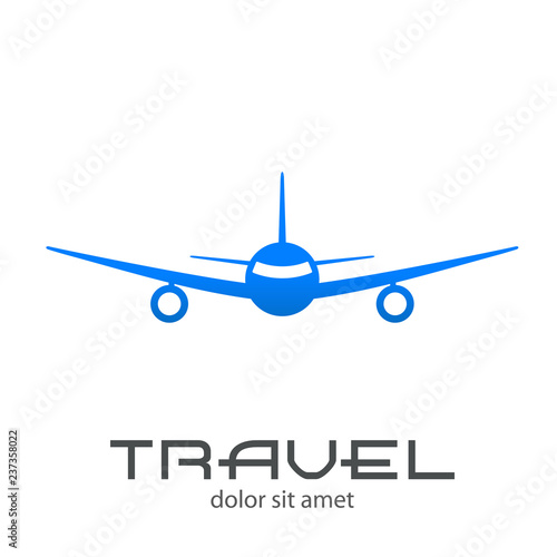 Logotipo con texto TRAVEL en avión vista frontal en color azul