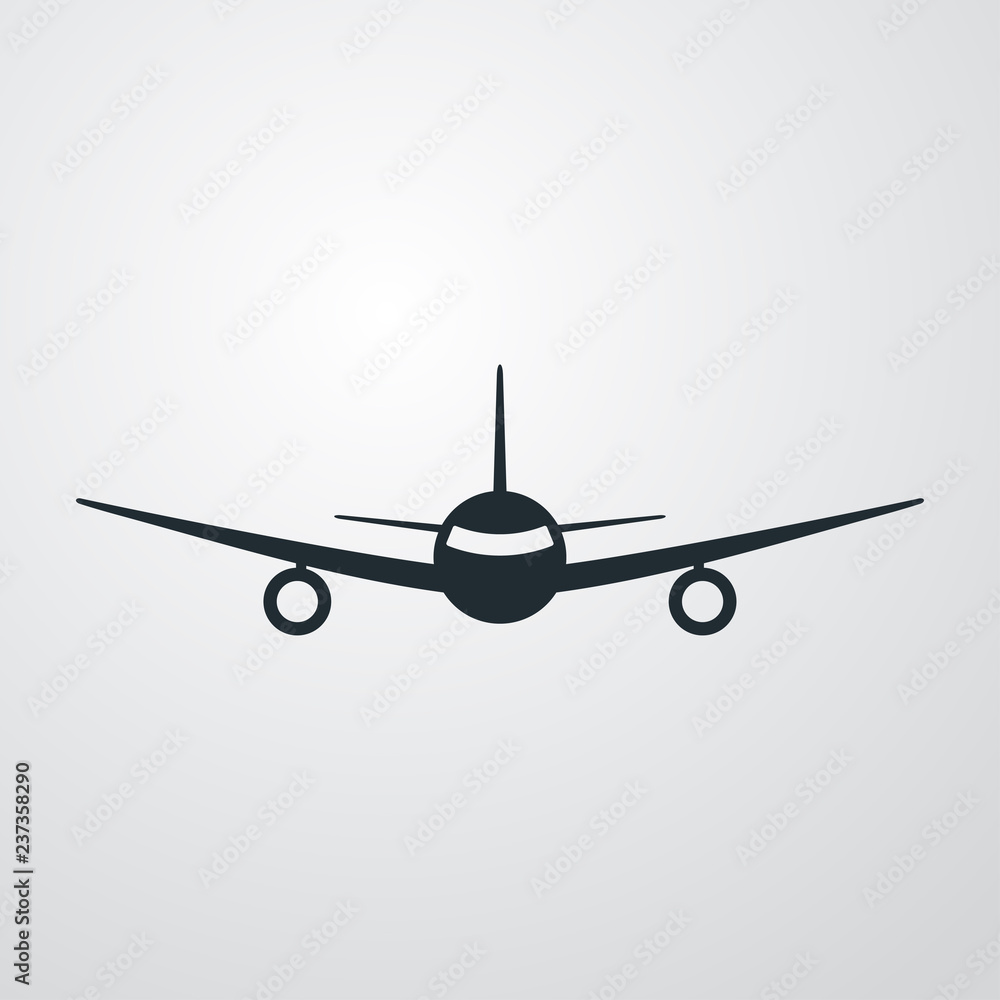 Icono plano avión en vista frontal en fondo gris Icono plano avión en vista frontal en fondo gris