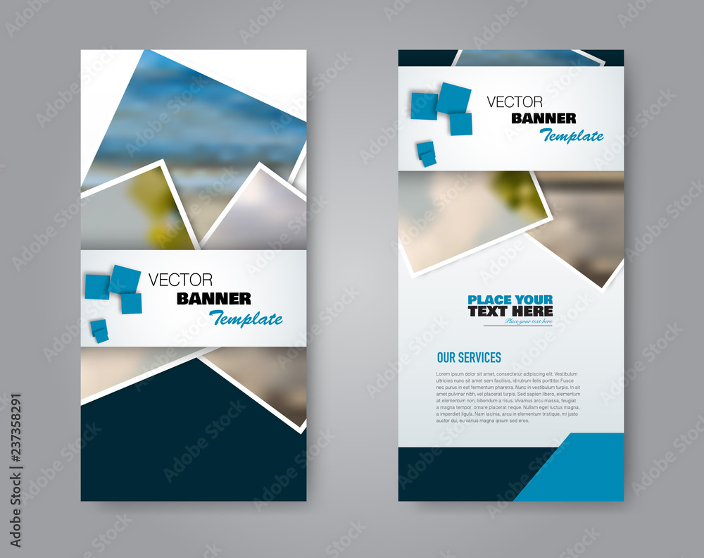 Narrow flyer and leaflet design. Set of two side brochure templates. Vertical banners. Blue colors. Vector illustration mockup.
