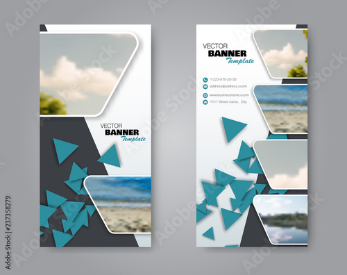 Narrow flyer and leaflet design. Set of two side brochure templates. Vertical banners. Blue colors. Vector illustration mockup.