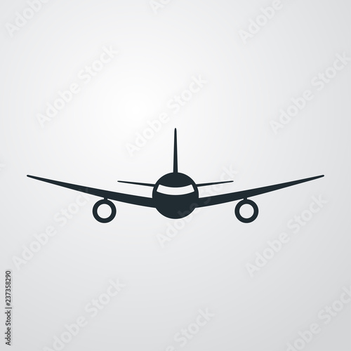 Icono plano avión en vista frontal en fondo gris 