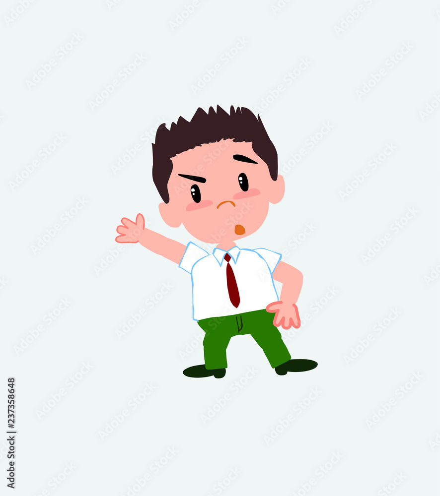 Businessman in casual style something angry shows something to his right. Businessman in casual style something angry shows something to his right.