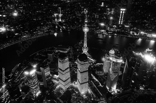 aerial view of shanghai at night from Shanghai Tower. Shanghai city skyline  Panoramic view of shanghai city skyline and Huangpu river  Shanghai China