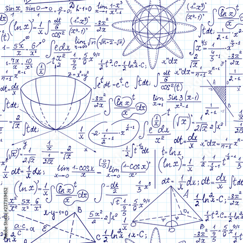 Vector seamless math pattern with mathematical figures, calculations and formulas, "handwritten on the grid paper"