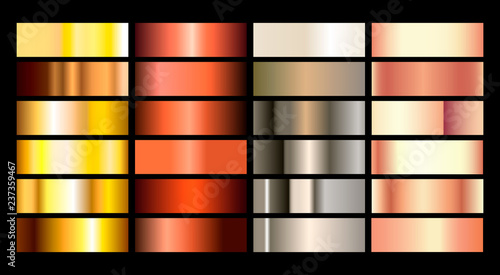 Gold rose, bronze, silver and gold foil texture gradation background set. Vector golden elegant, shiny and metalic gradient collection for chrome border, frame, ribbon, label design