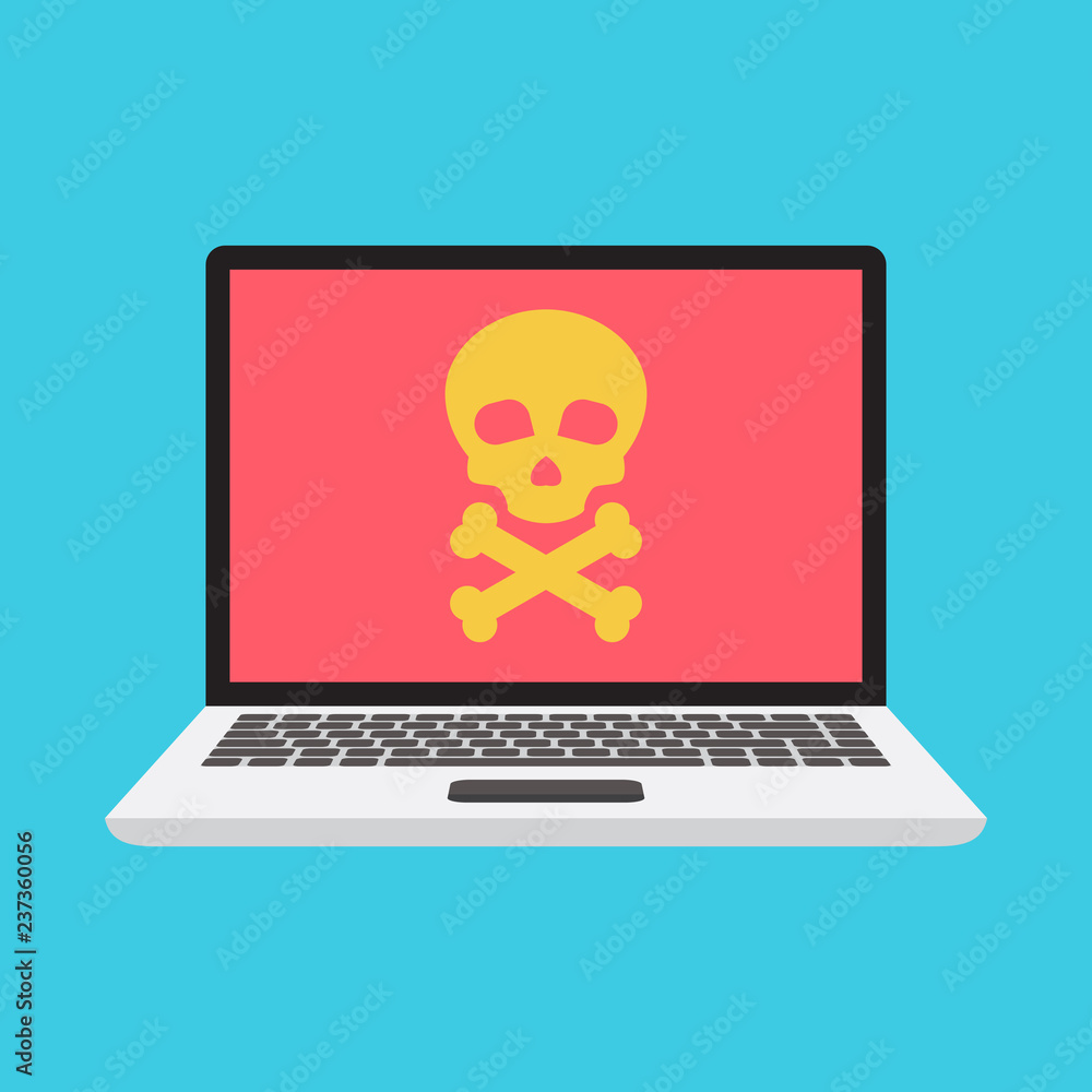 Malware, virus on laptop, danger notification on laptop, illustration flat design style Malware, virus on laptop, danger notification on laptop, illustration flat design style