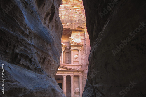 Stunning view from a cave of the Ad Deir - Monastery in the ancient city of Petra, Jordan