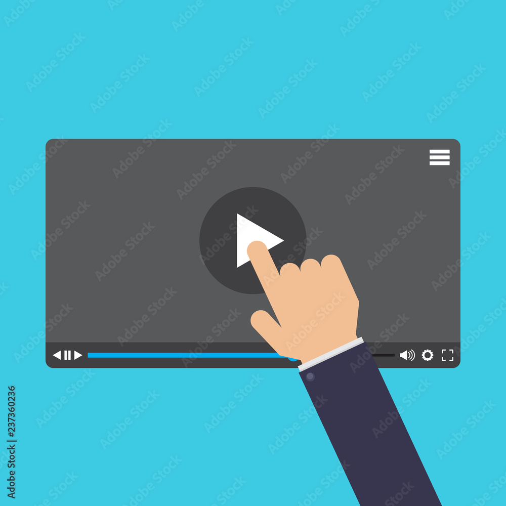 Hand touching screen, online learning, online video, video tutorial, illustration flat design style Hand touching screen, online learning, online video, video tutorial, illustration flat design style
