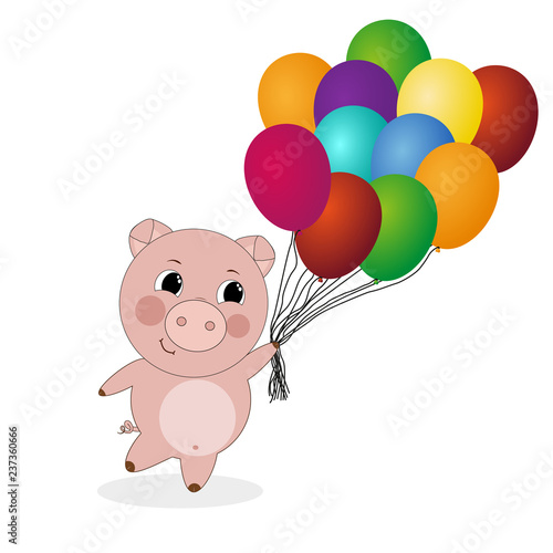 Fun piggy with balloons. Vector drawing. © Taisiia Babenko