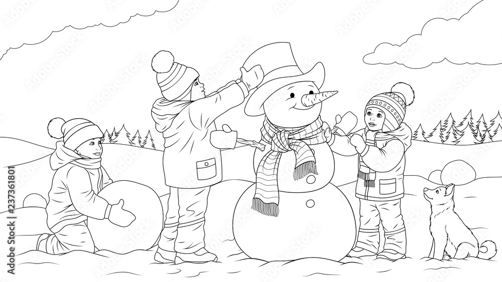 Children sculpt a snowman Children sculpt a snowman