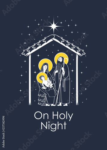 Vector illustration on the theme of Christmas and New Year in flat style. Holy Family and shining Christmas star. Christmas Nativity scene with words On Holy Night