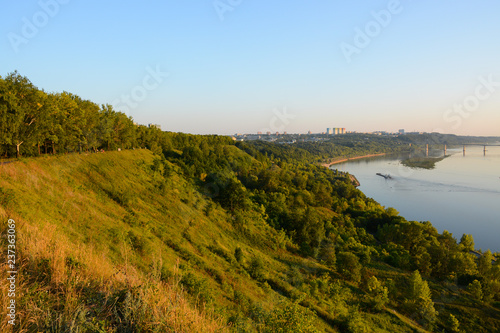 NIZHNY NOVGOROD, RUSSIA - AUGUST 28, 2018: View to Oka river from Park Shveytsariya in the Upper part of the city photo