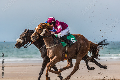 Race horses and jockeys competing on the beach